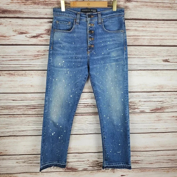 Veronica Beard 25x25 Ines Straight Leg Girlfriend Crop Jeans w/ Paint Splatter - Picture 3 of 11